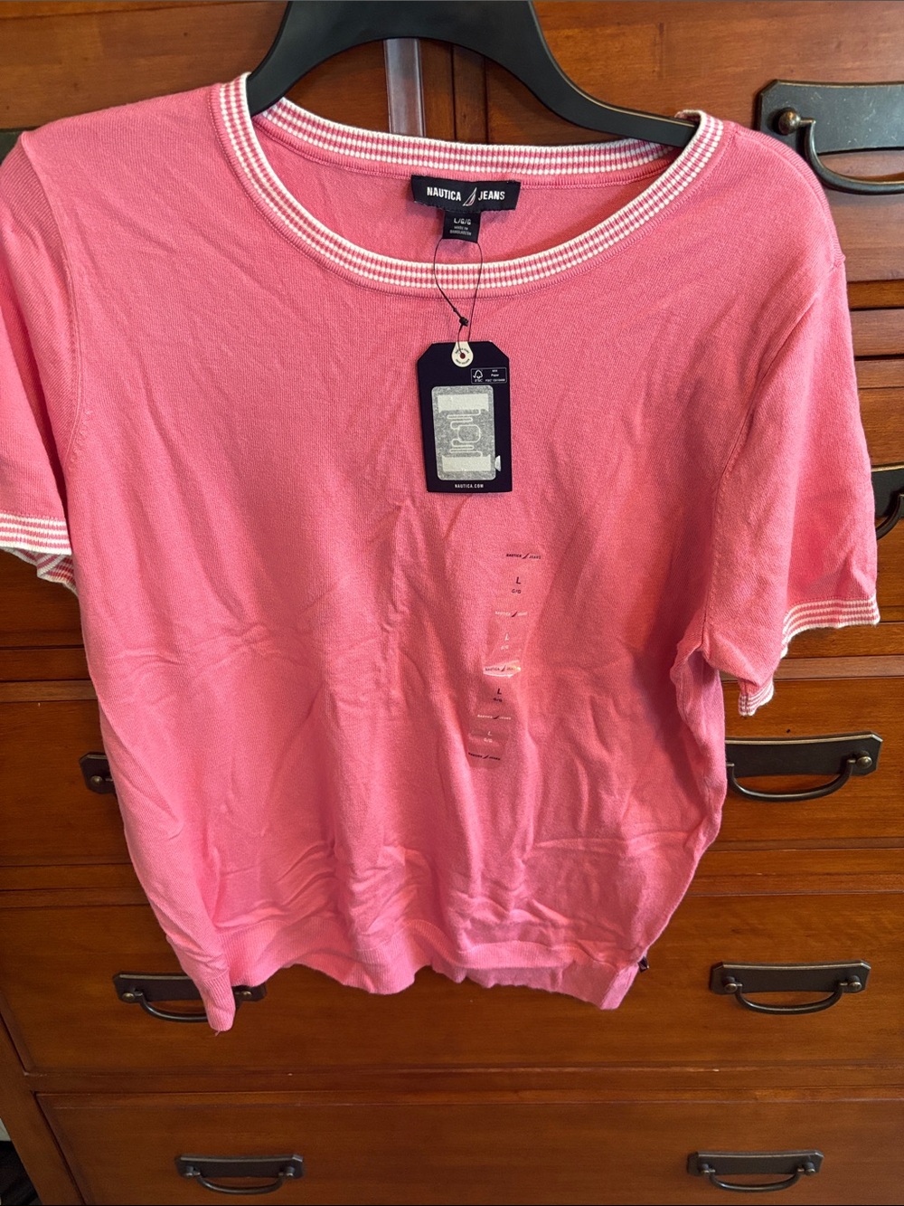 Nautica Jeans Pink Short Sleeve Knit Top with White Trim